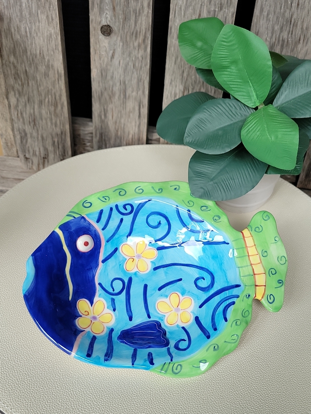 Ganz Hand-Painted Blue & Green Fish Accent Plate - Decorative Ceramic Dish